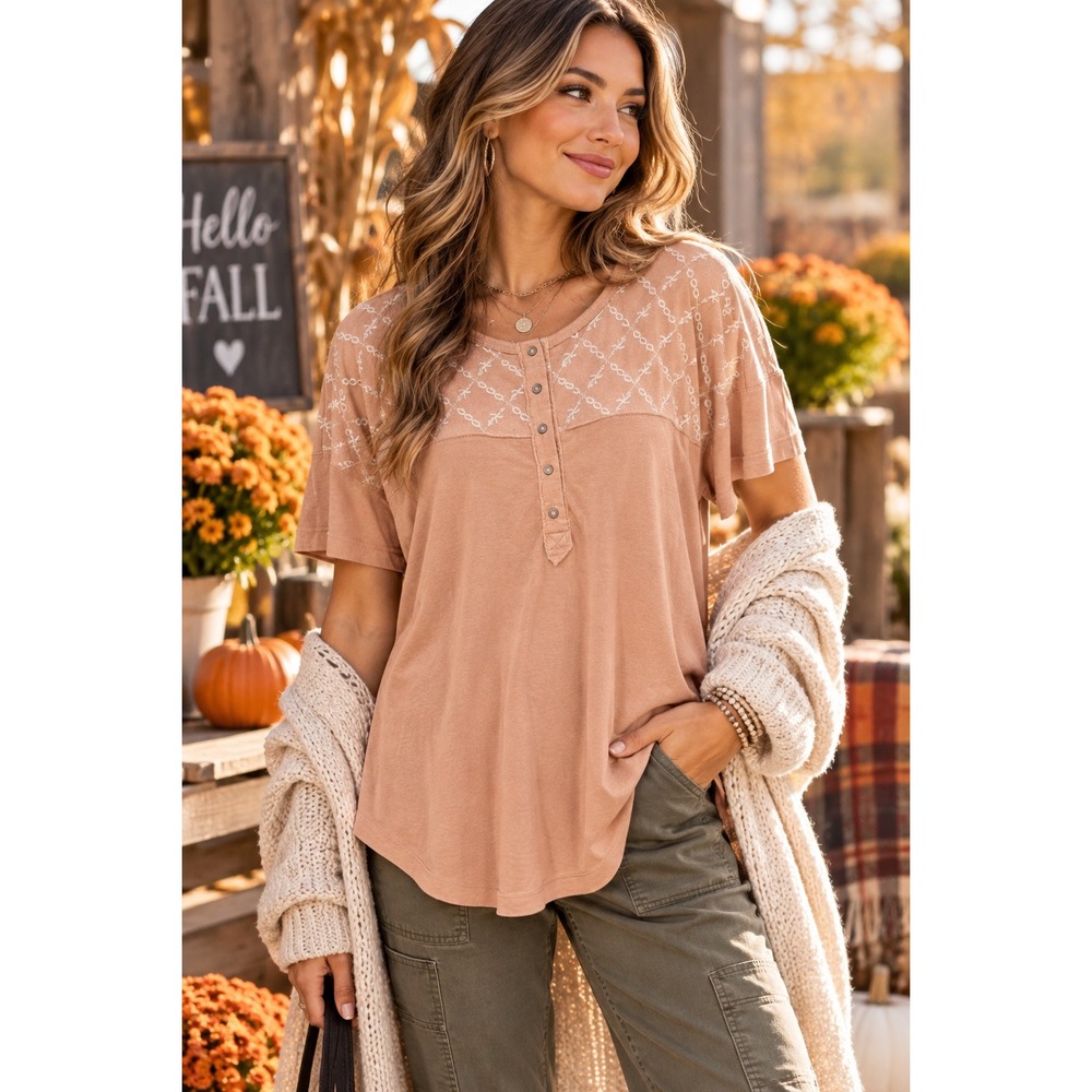 Womens Small Peach Embroidered Yoke Henley Boho Cottagecore Cozy Top